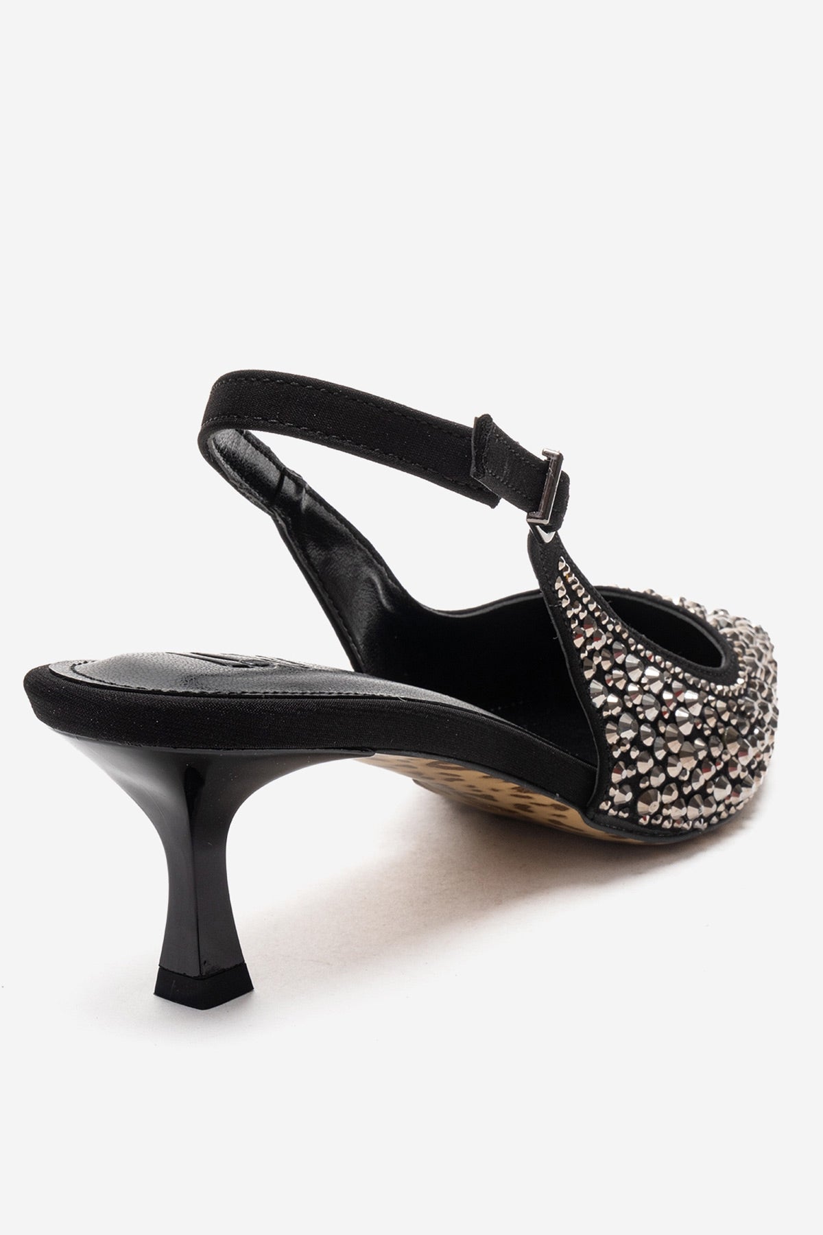 THEA - Black Genuine Leather Platinum-Crystal-Embellished Kitten Heel – back view showing crystal, leather, black…