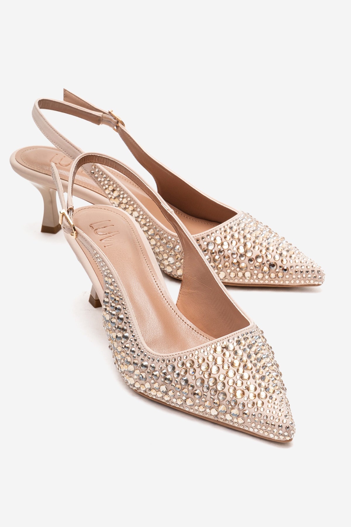THEA - Nude Genuine Leather Gold-Crystal-Embellished Kitten Heel – front three-quarter view showing crystal, leather, gold…