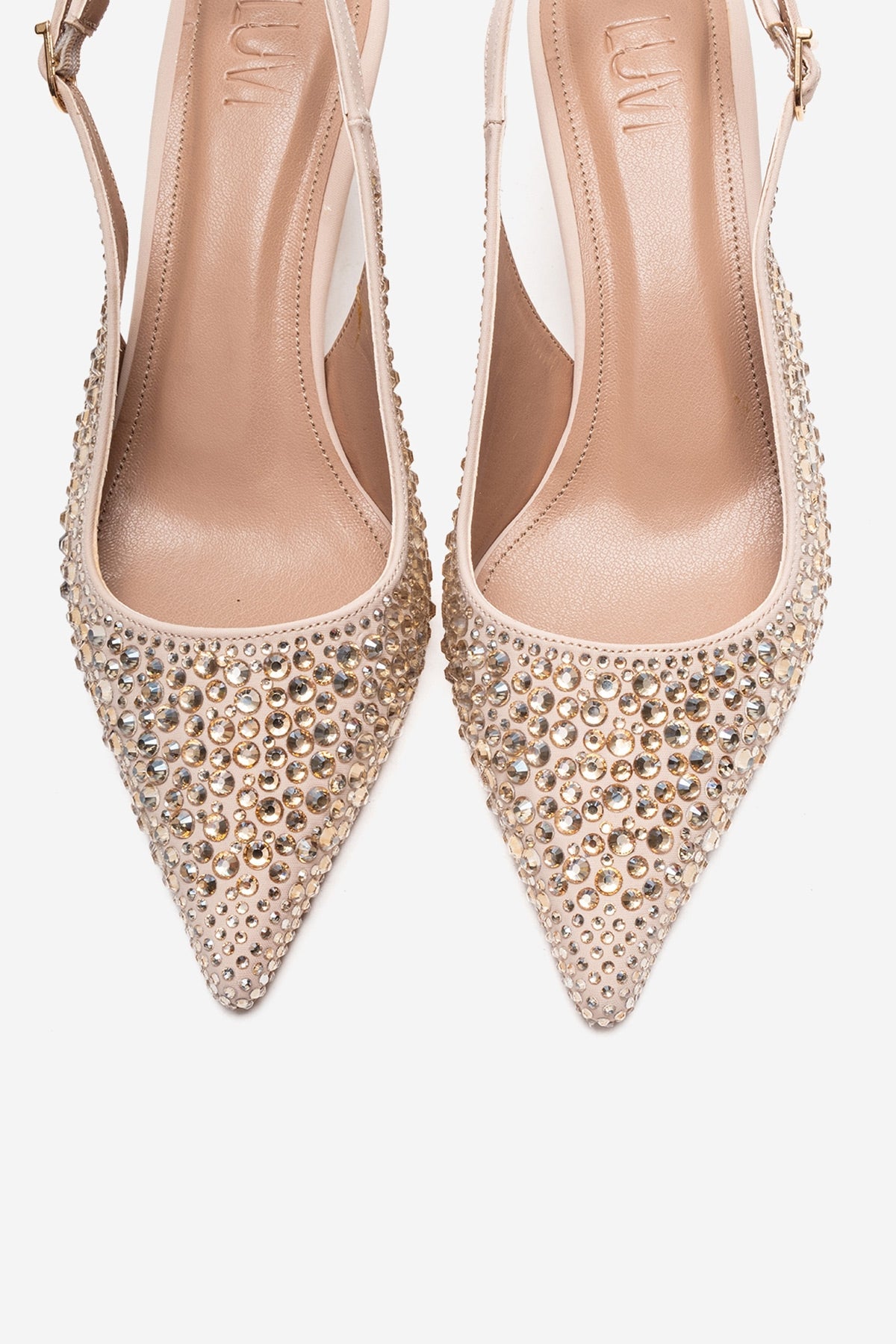 THEA - Nude Genuine Leather Gold-Crystal-Embellished Kitten Heel – side view showing crystal, leather, gold, Vowalisse