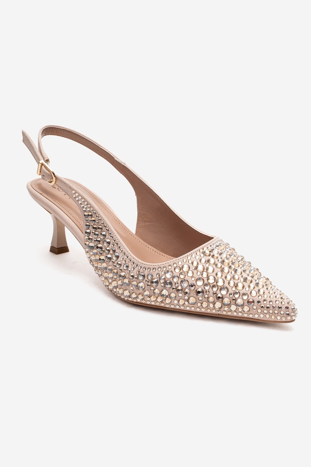 THEA - Nude Genuine Leather Gold-Crystal-Embellished Kitten Heel – detail view showing crystal, leather, gold, Vowalisse