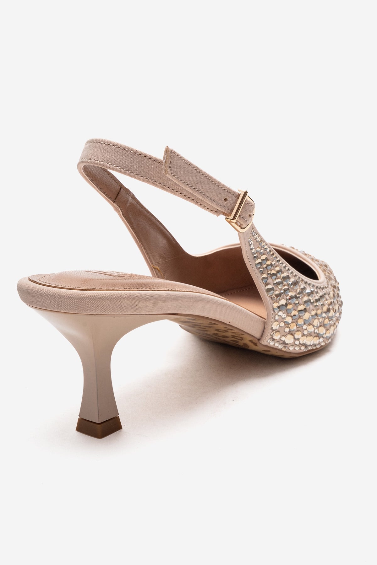 THEA - Nude Genuine Leather Gold-Crystal-Embellished Kitten Heel – back view showing crystal, leather, gold, Vowalisse