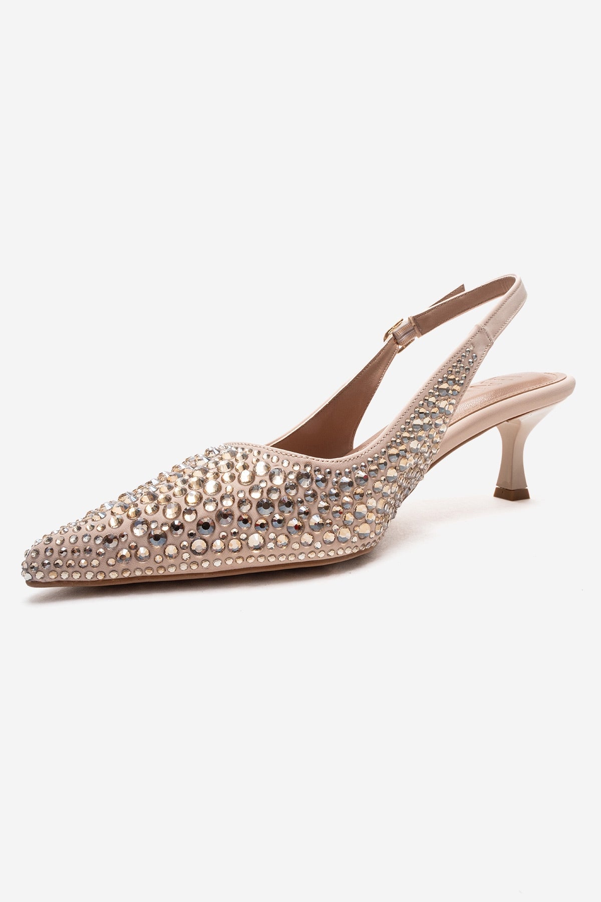 THEA - Nude Genuine Leather Gold-Crystal-Embellished Kitten Heel – top view showing crystal, leather, gold, Vowalisse