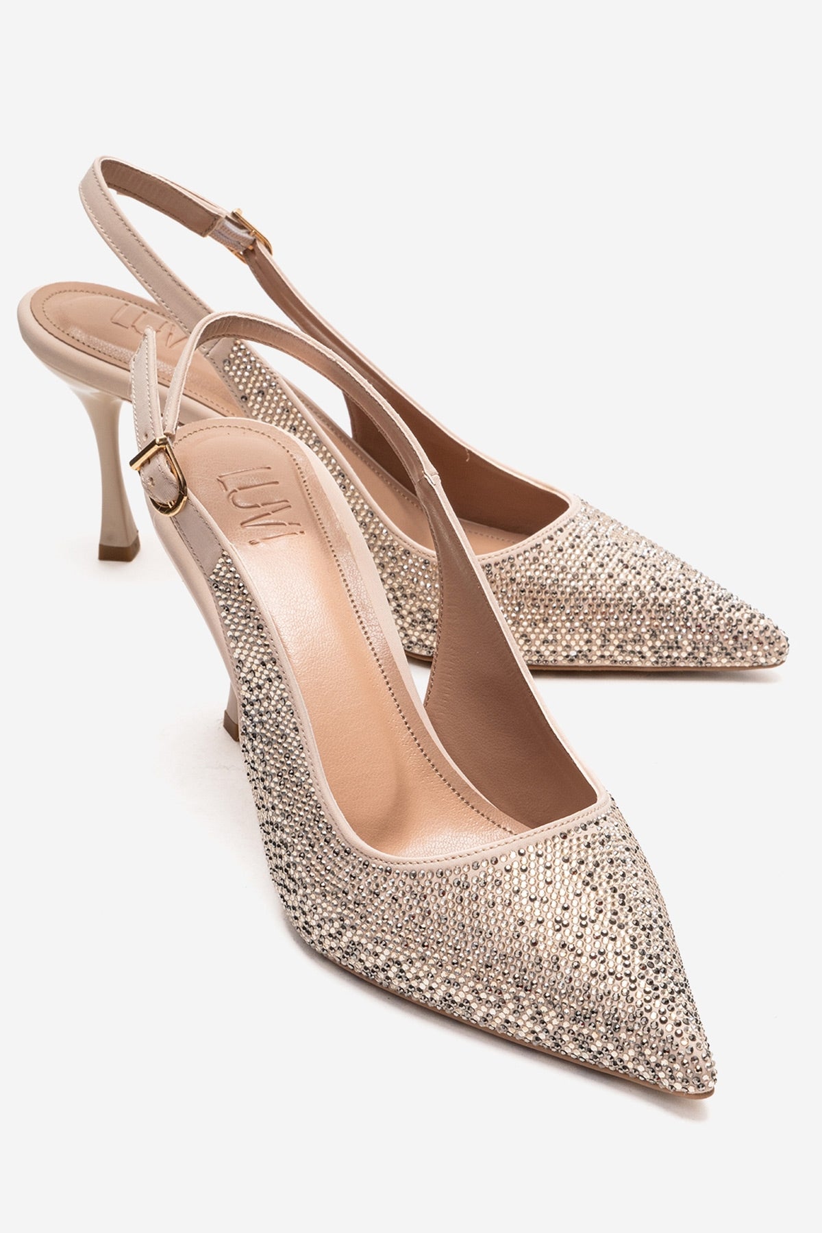 JOHANNA - Nude Genuine Leather Gold-Crystal-Embellished Stiletto Pump – front three-quarter view showing crystal, leather…