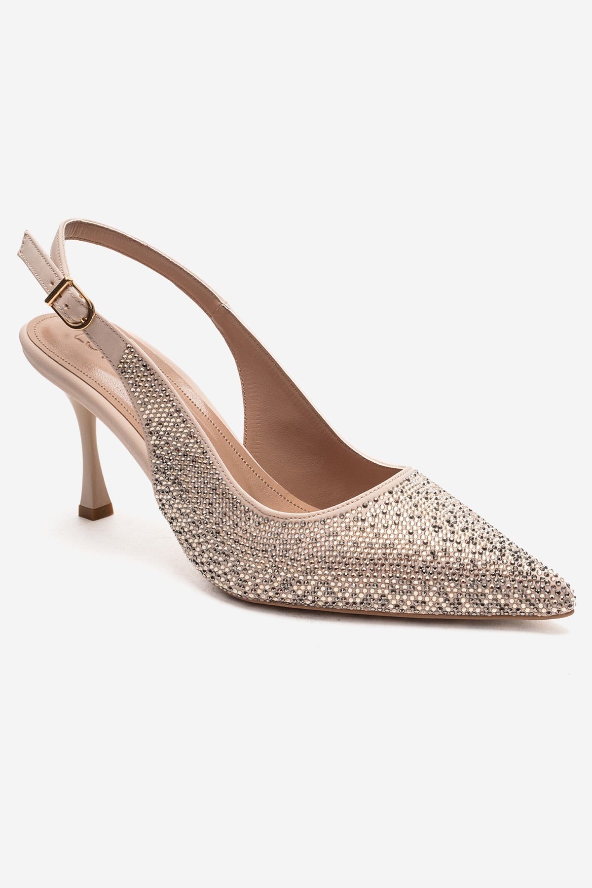 JOHANNA - Nude Genuine Leather Gold-Crystal-Embellished Stiletto Pump – detail view showing crystal, leather, gold…