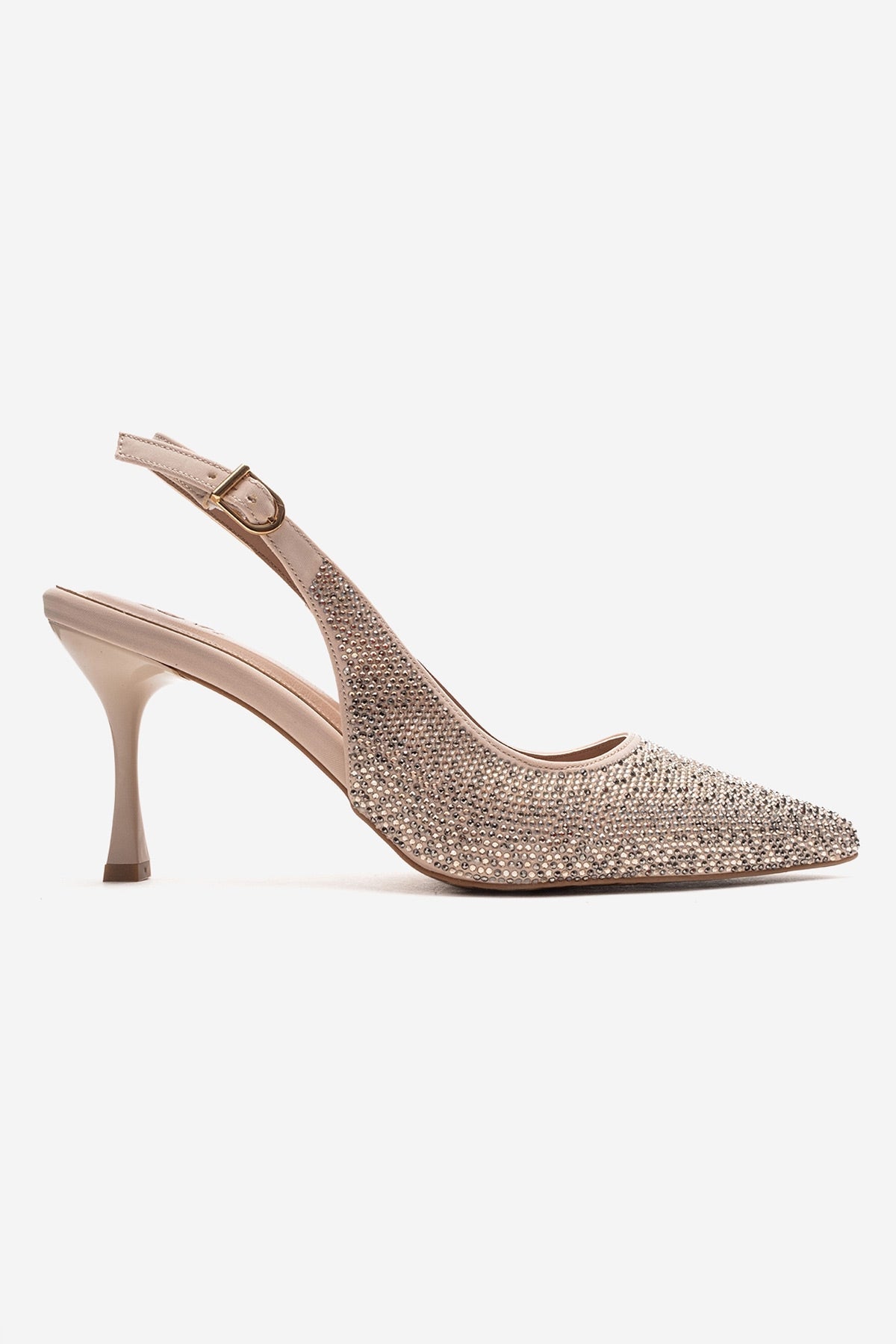 JOHANNA - Nude Genuine Leather Gold-Crystal-Embellished Stiletto Pump – heel view showing crystal, leather, gold, Vowalisse