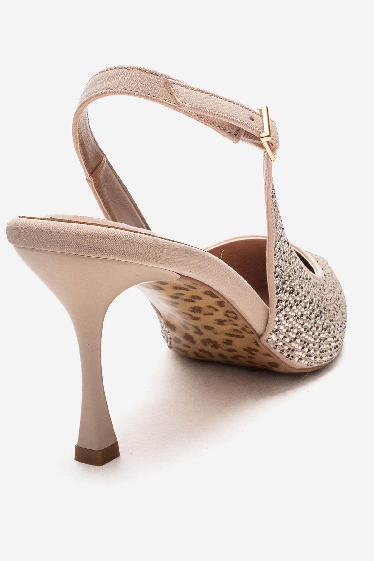 JOHANNA - Nude Genuine Leather Gold-Crystal-Embellished Stiletto Pump – back view showing crystal, leather, gold, Vowalisse