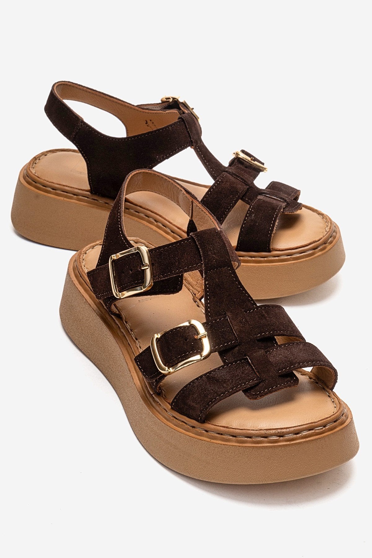 LOIN - Brown Genuine Suede Leather Buckled Sandal – front three-quarter view showing leather, suede, Vowalisse