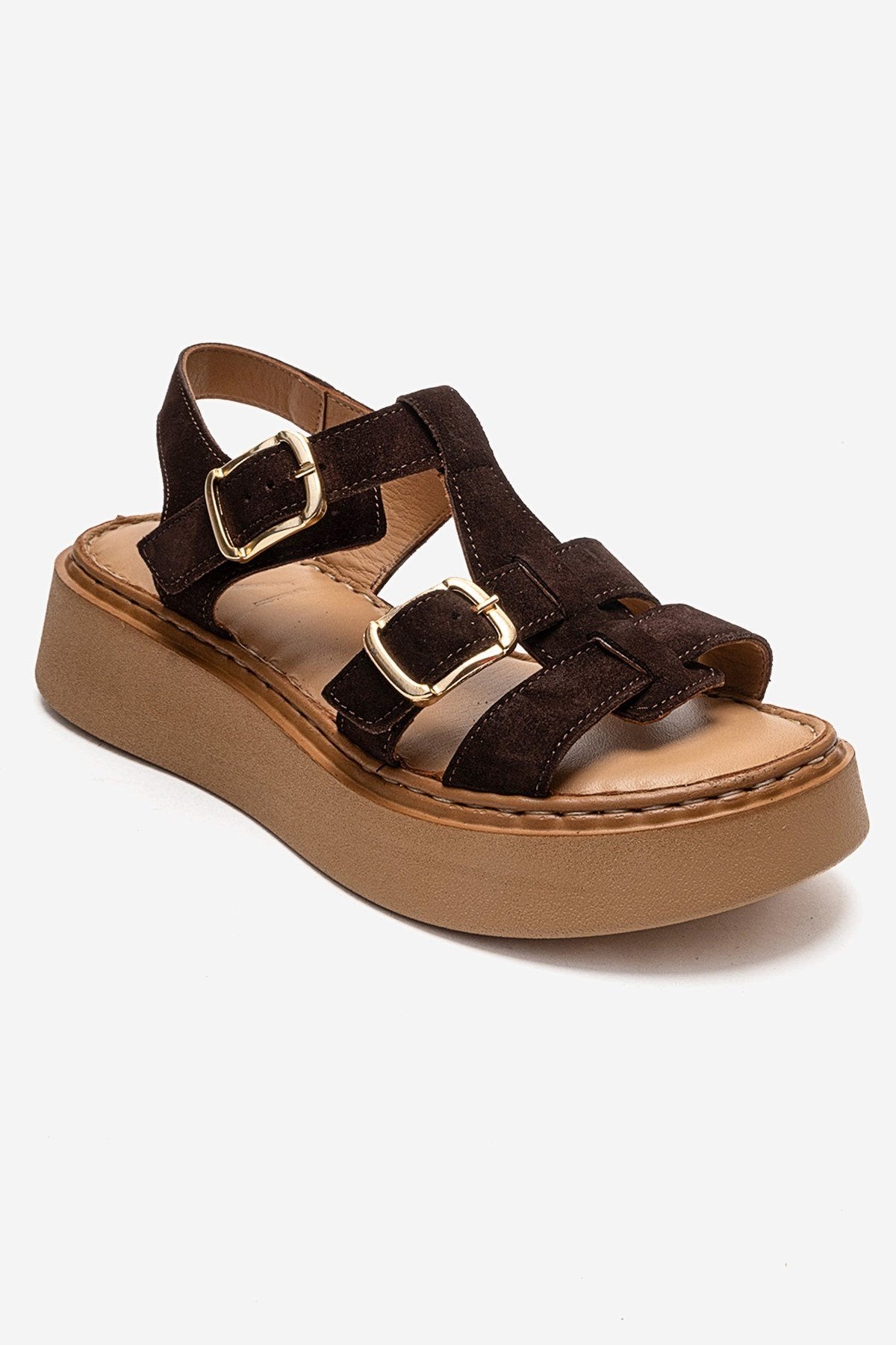 LOIN - Brown Genuine Suede Leather Buckled Sandal – detail view showing leather, suede, Vowalisse