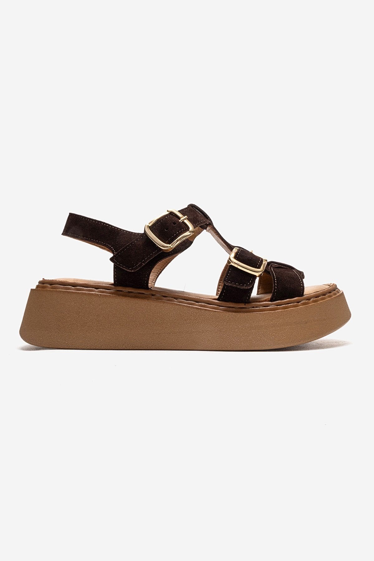 LOIN - Brown Genuine Suede Leather Buckled Sandal – heel view showing leather, suede, Vowalisse
