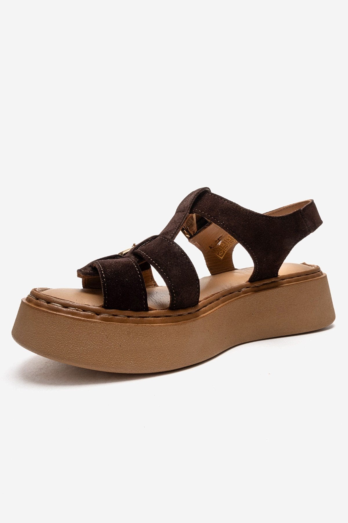 LOIN - Brown Genuine Suede Leather Buckled Sandal – top view showing leather, suede, Vowalisse