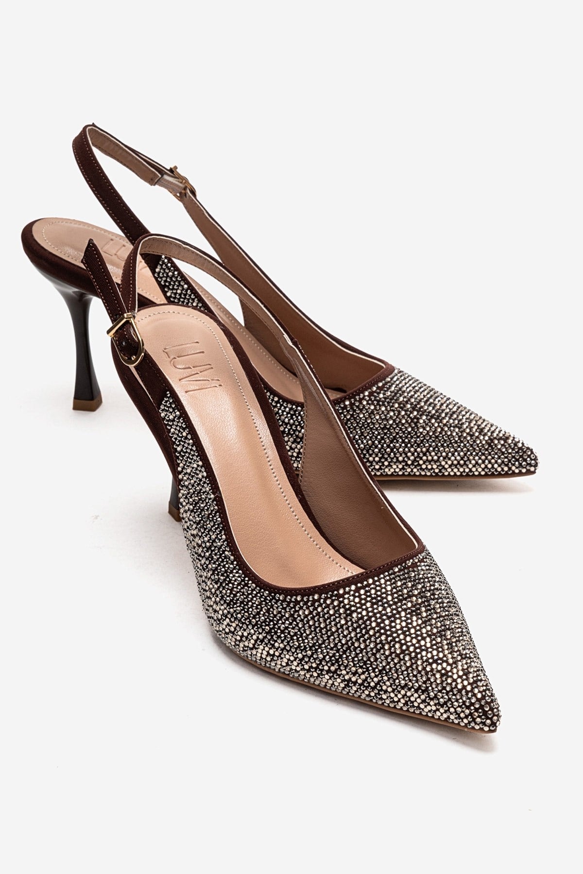 JOHANNA - Brown Gold-Embellished Slingback Stiletto Pump – front three-quarter view showing leather, gold, Vowalisse