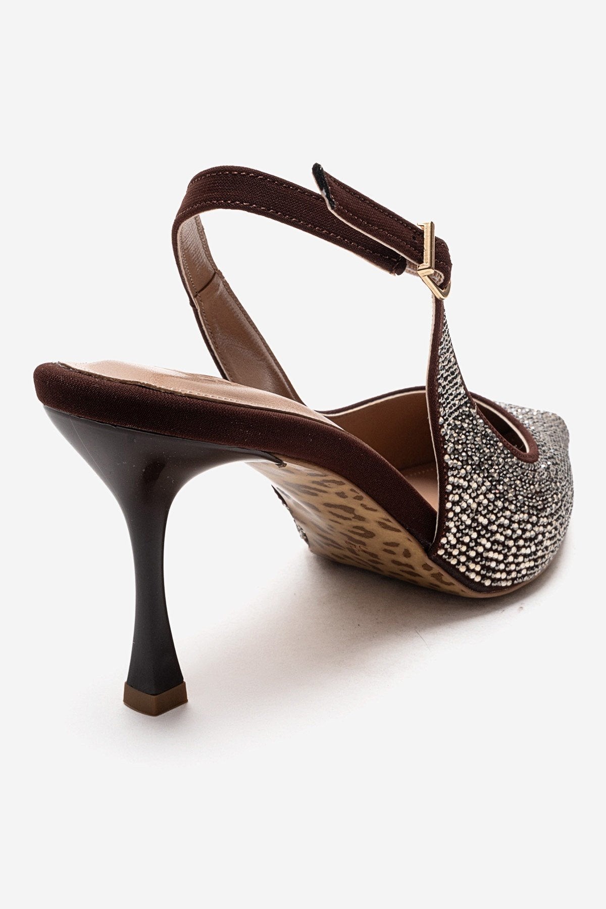 JOHANNA - Brown Gold-Embellished Slingback Stiletto Pump – back view showing leather, gold, Vowalisse
