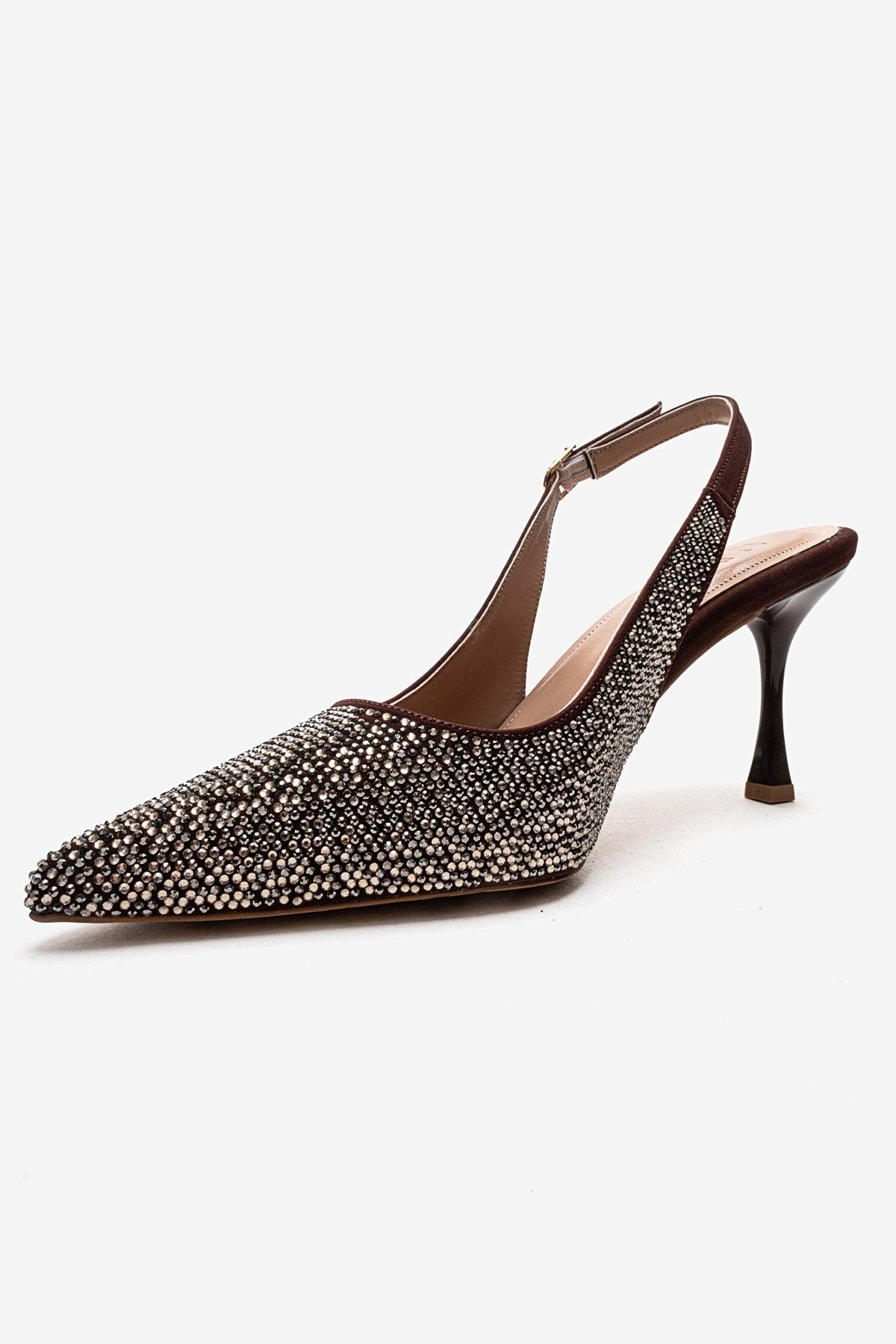 JOHANNA - Brown Gold-Embellished Slingback Stiletto Pump – top view showing leather, gold, Vowalisse