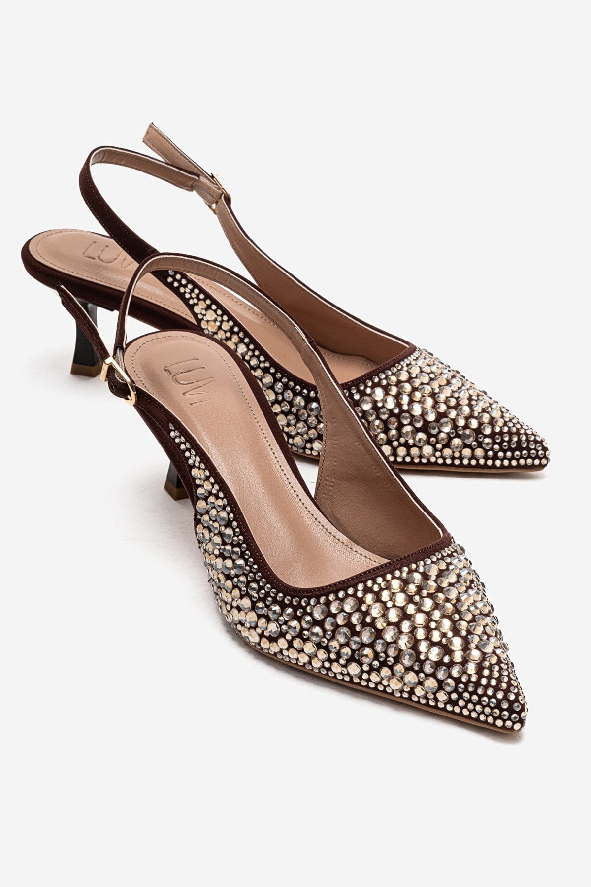 THEA - Brown Gold-Embellished Stiletto Pump – front three-quarter view showing leather, gold, Vowalisse