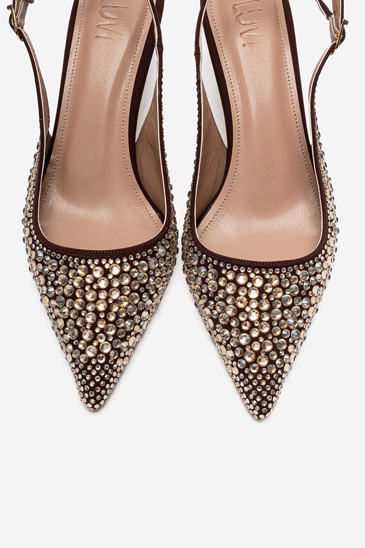 THEA - Brown Gold-Embellished Stiletto Pump – side view showing leather, gold, Vowalisse