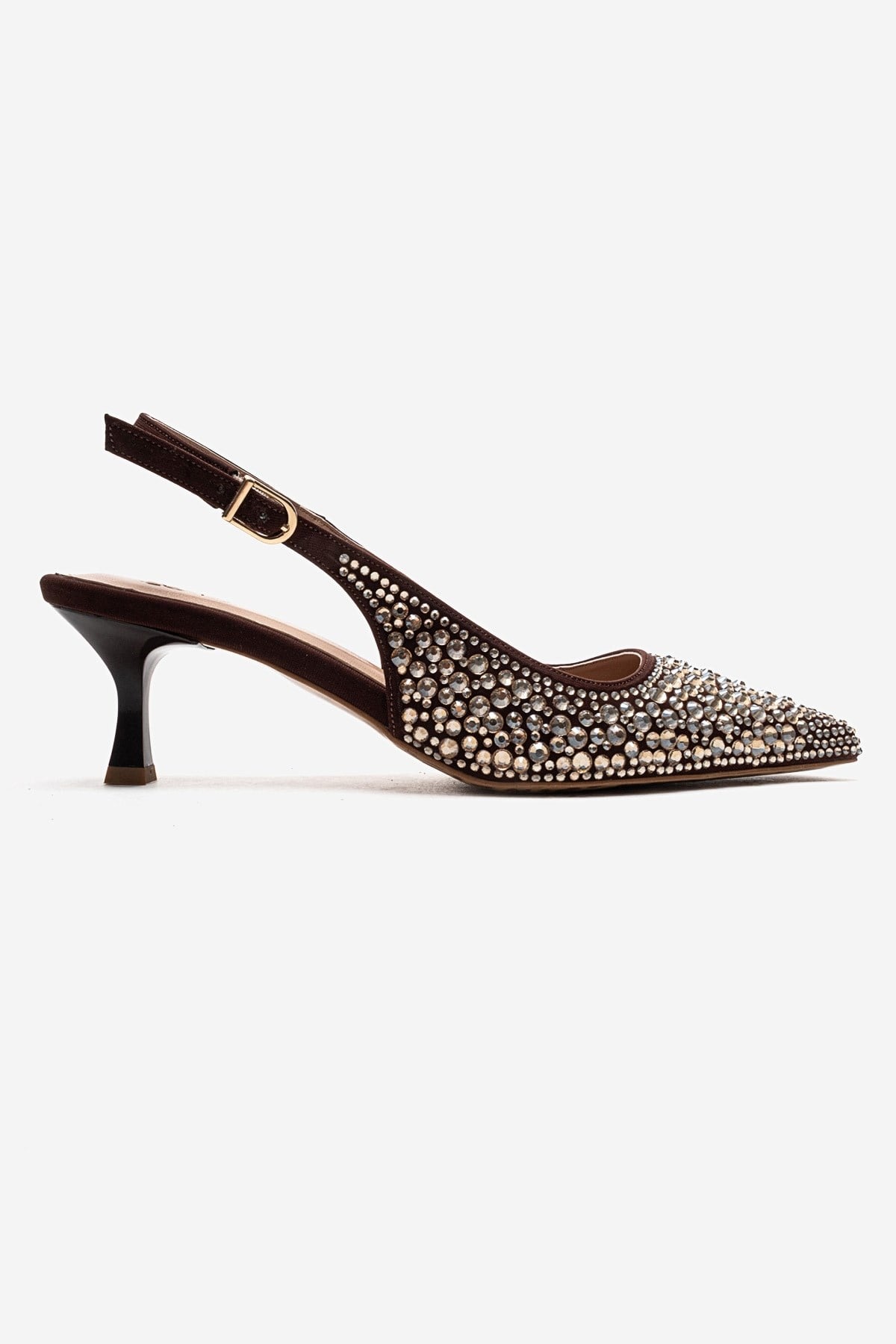 THEA - Brown Gold-Embellished Stiletto Pump – heel view showing leather, gold, Vowalisse