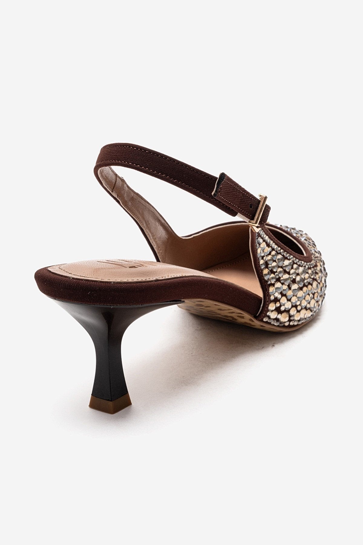 THEA - Brown Gold-Embellished Stiletto Pump – back view showing leather, gold, Vowalisse