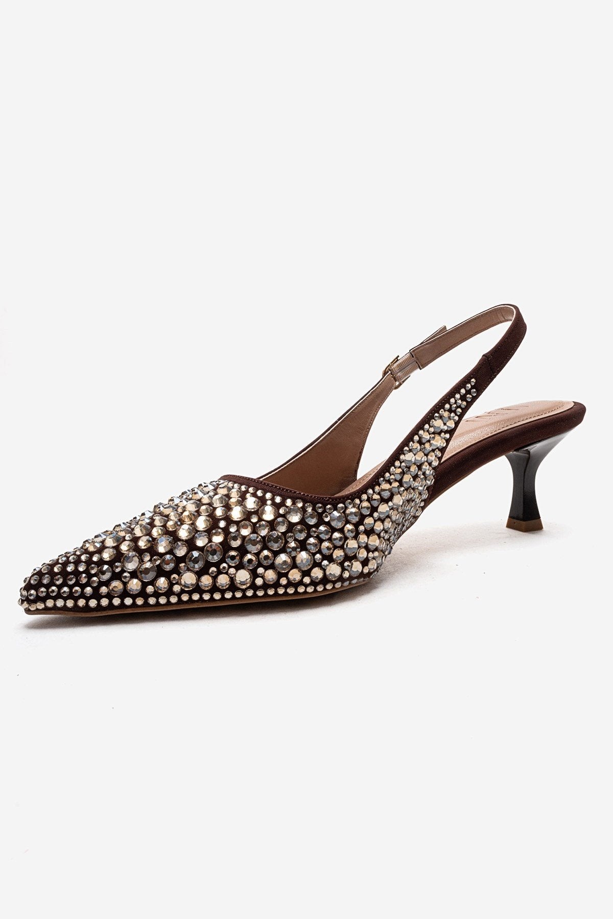 THEA - Brown Gold-Embellished Stiletto Pump – top view showing leather, gold, Vowalisse