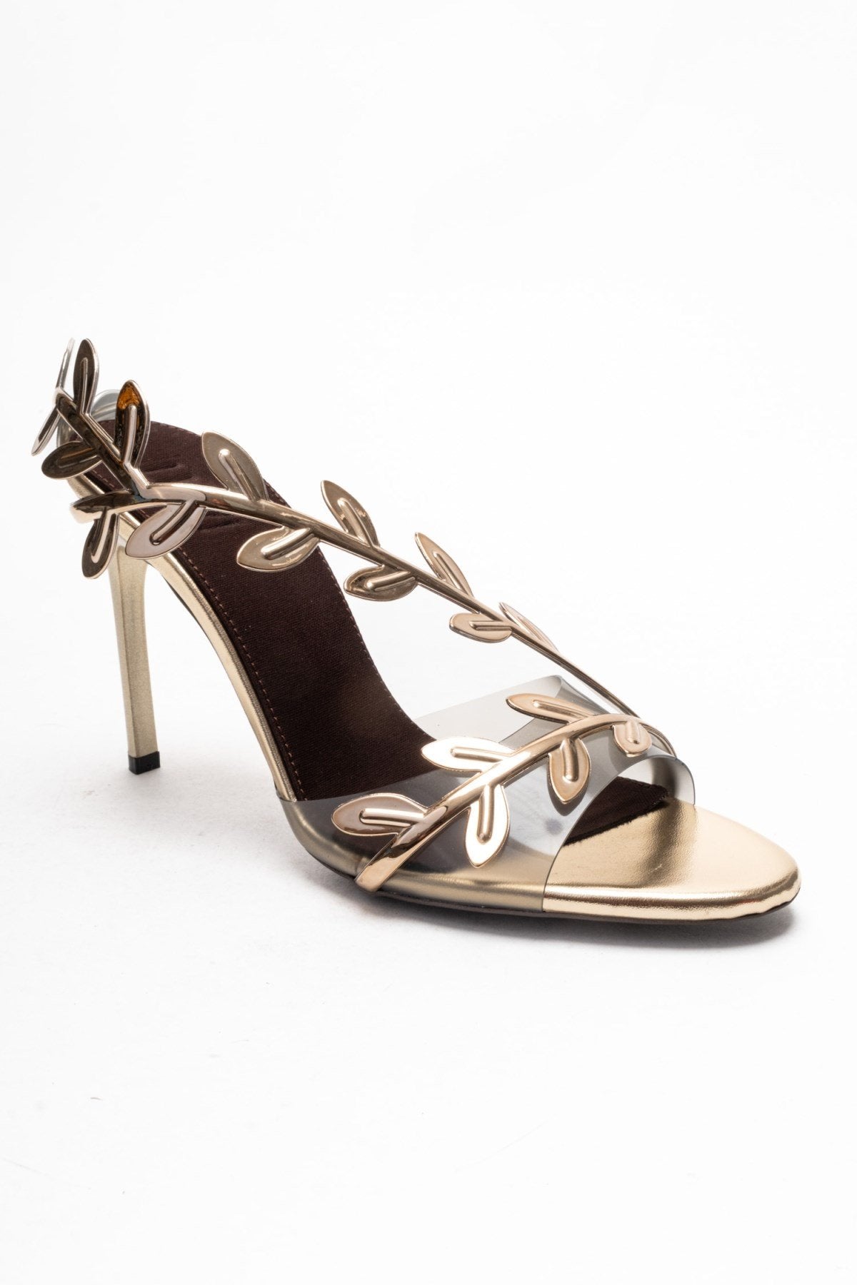 CARVELLI - Gold Stiletto Pump – detail view showing leather, gold, Vowalisse
