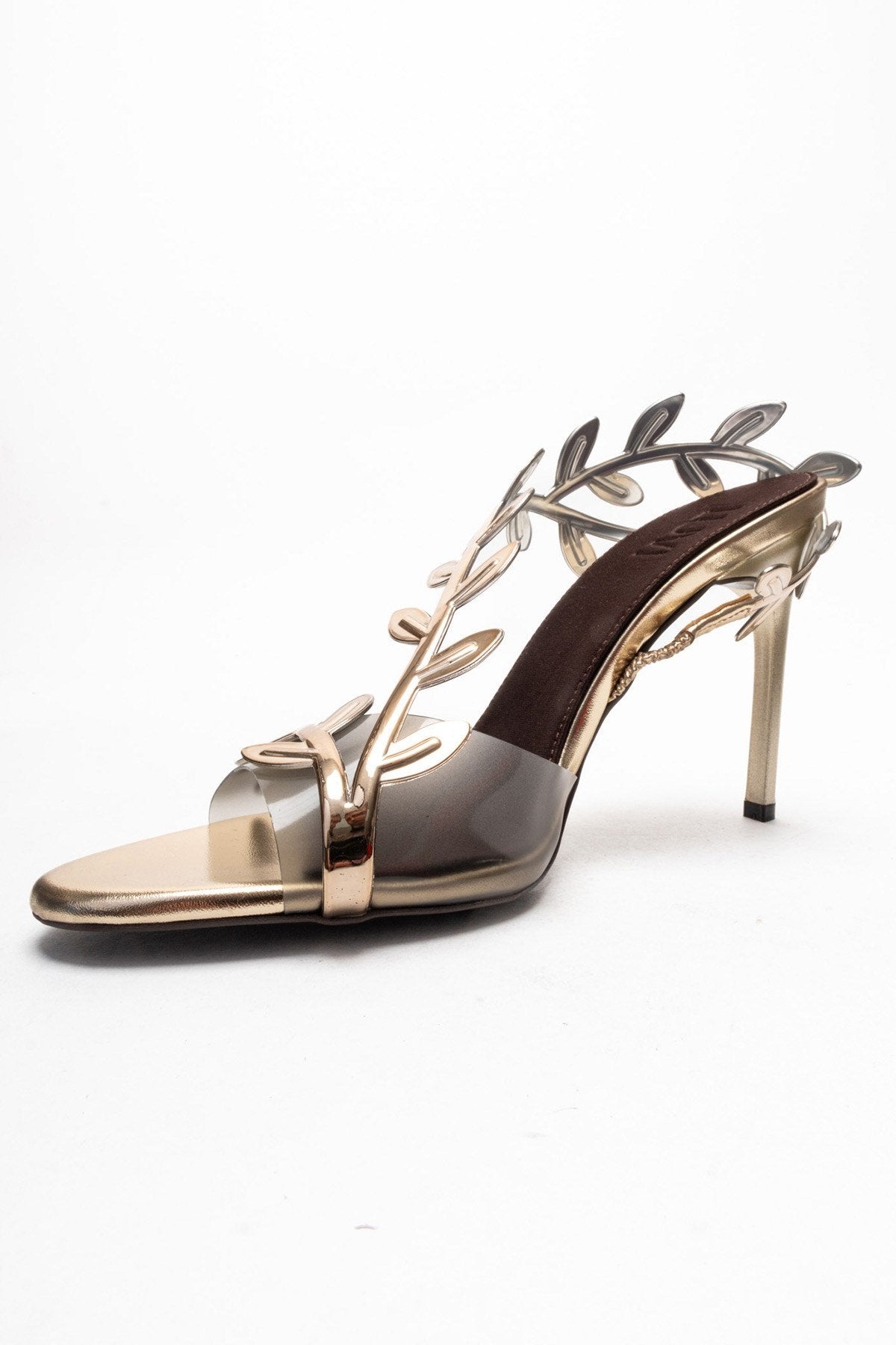 CARVELLI - Gold Stiletto Pump – top view showing leather, gold, Vowalisse
