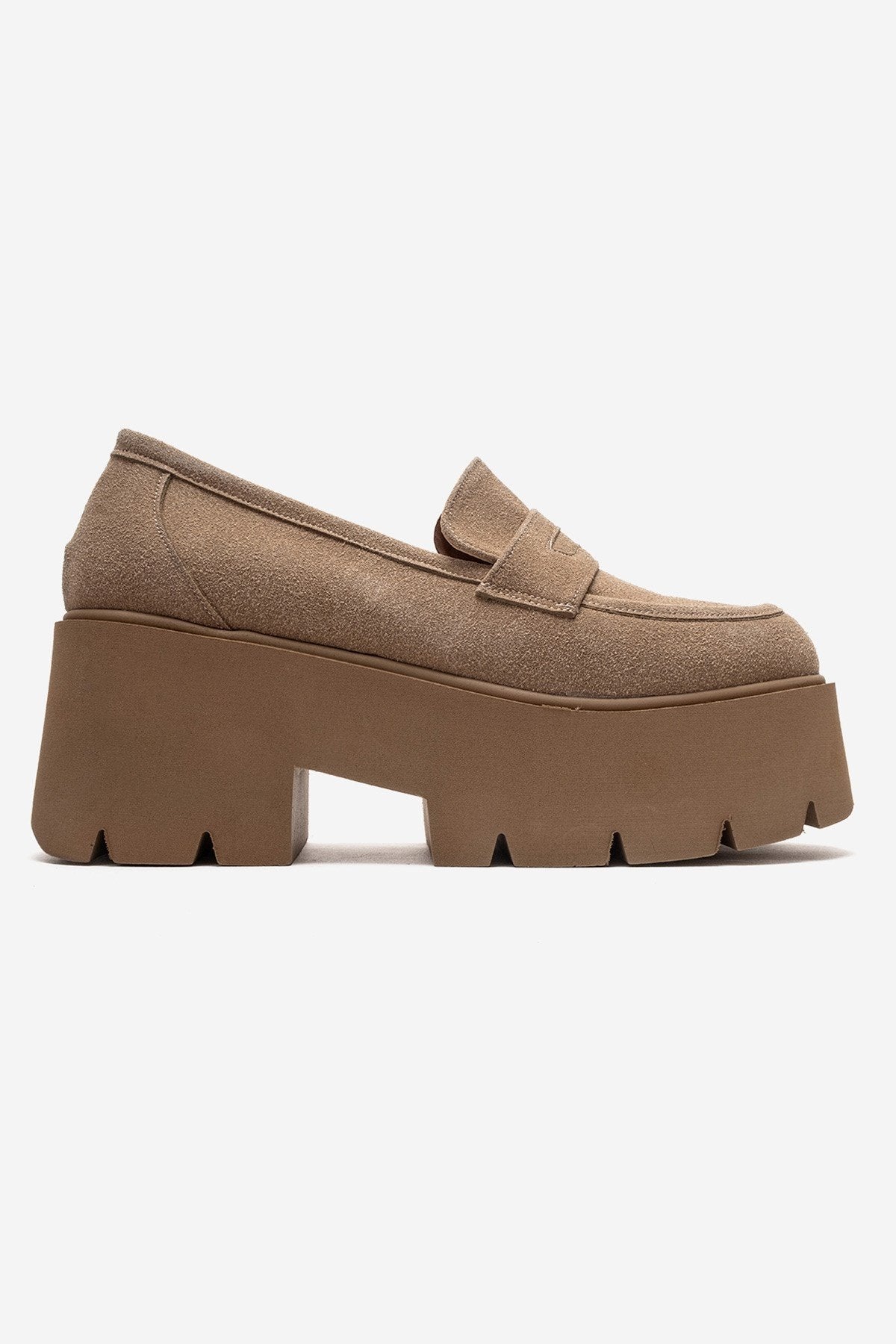 SANTIA - Camel Suede Chunky Platform Loafer – heel view showing leather, suede, Vowalisse