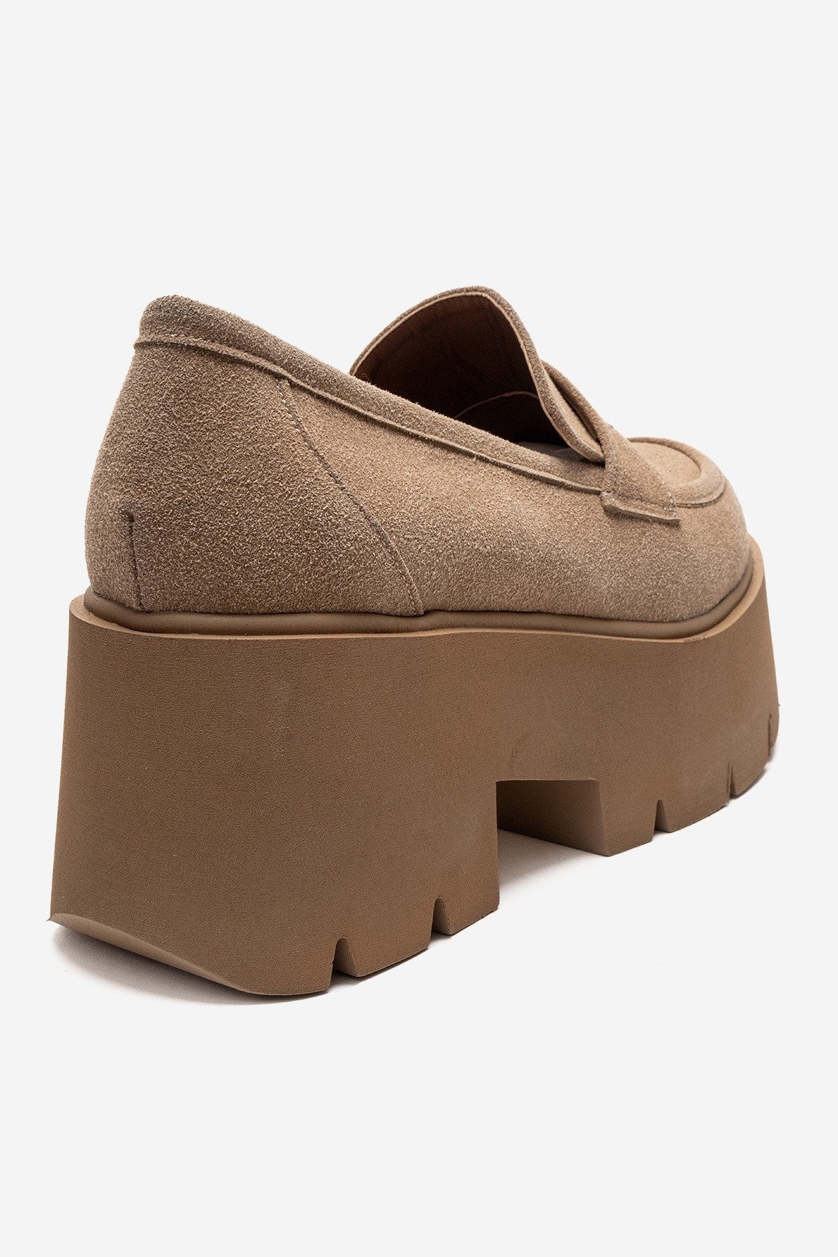 SANTIA - Camel Suede Chunky Platform Loafer – back view showing leather, suede, Vowalisse