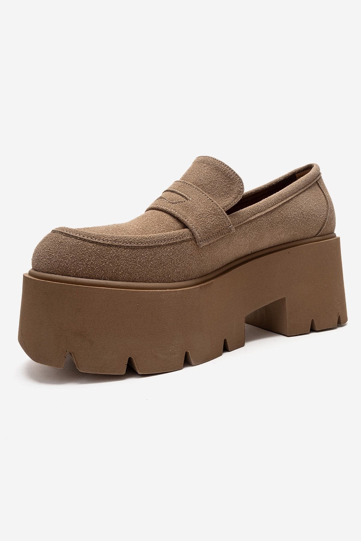 SANTIA - Camel Suede Chunky Platform Loafer – top view showing leather, suede, Vowalisse