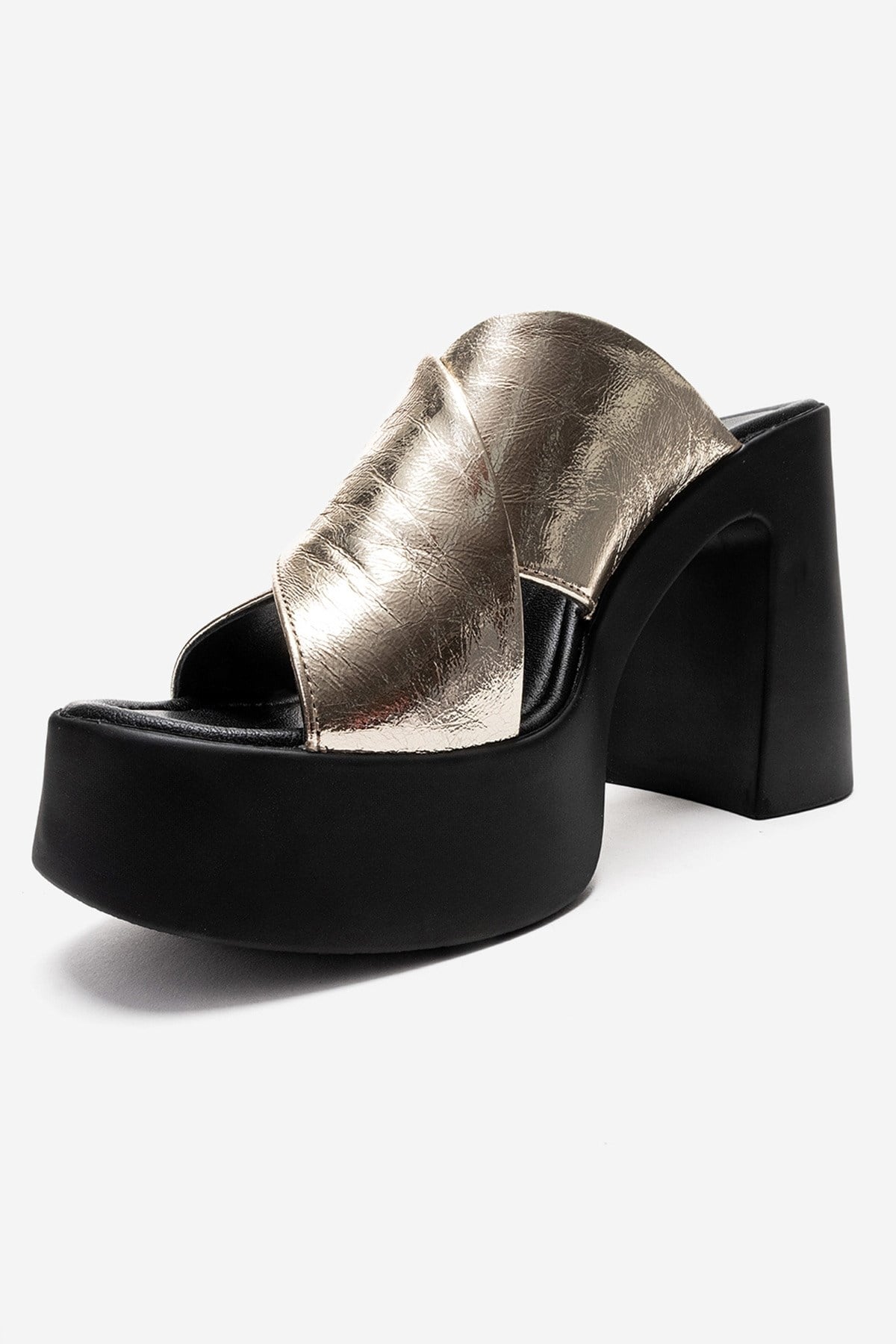 Essenza - Gold Genuine Leather Platform Block Heel Mule – top view showing leather, metallic, gold, Vowalisse