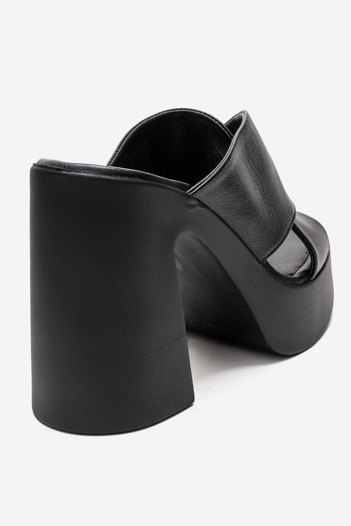 Essenza - Black Genuine Leather Platform Block Heel Mule – back view showing leather, black, Vowalisse