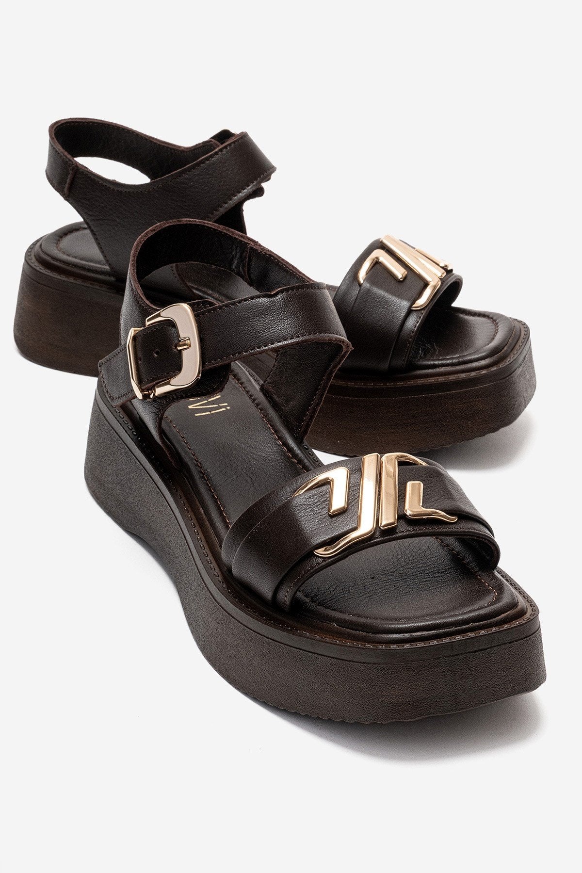 Lone - Brown Genuine Leather Platform Sandal – front three-quarter view showing leather, Vowalisse
