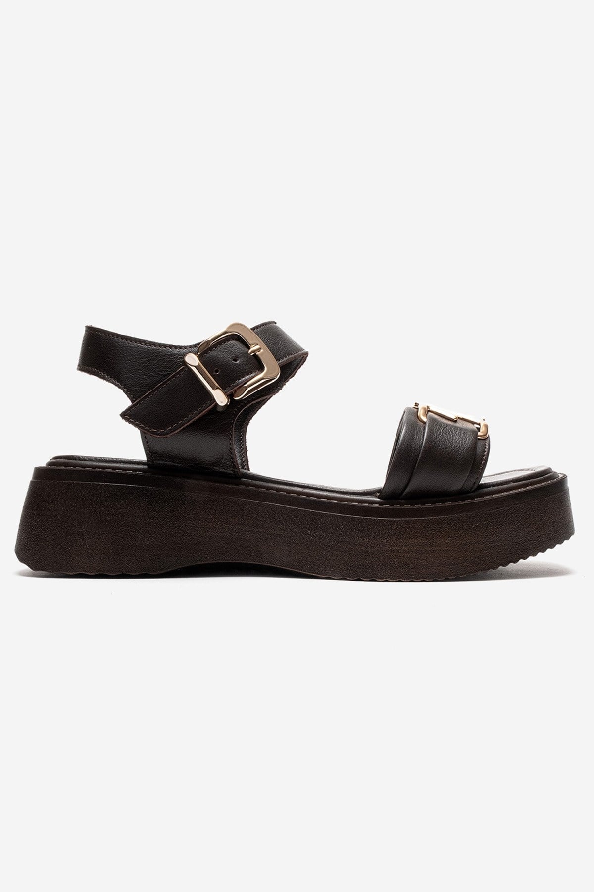 Lone - Brown Genuine Leather Platform Sandal – heel view showing leather, Vowalisse