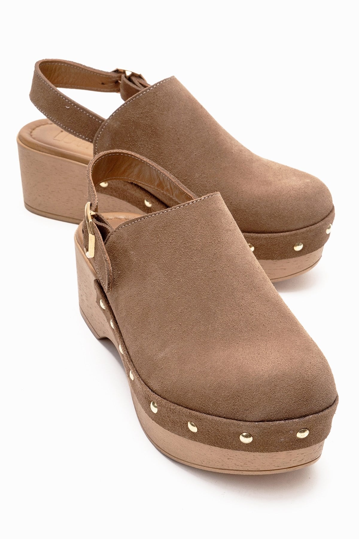 NORDEN - Camel Genuine Leather Platform Heel Sandal – front three-quarter view showing leather, suede, Vowalisse
