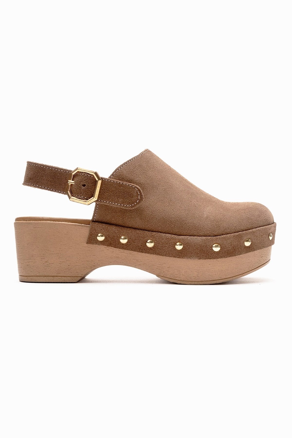 NORDEN - Camel Genuine Leather Platform Heel Sandal – heel view showing leather, suede, Vowalisse