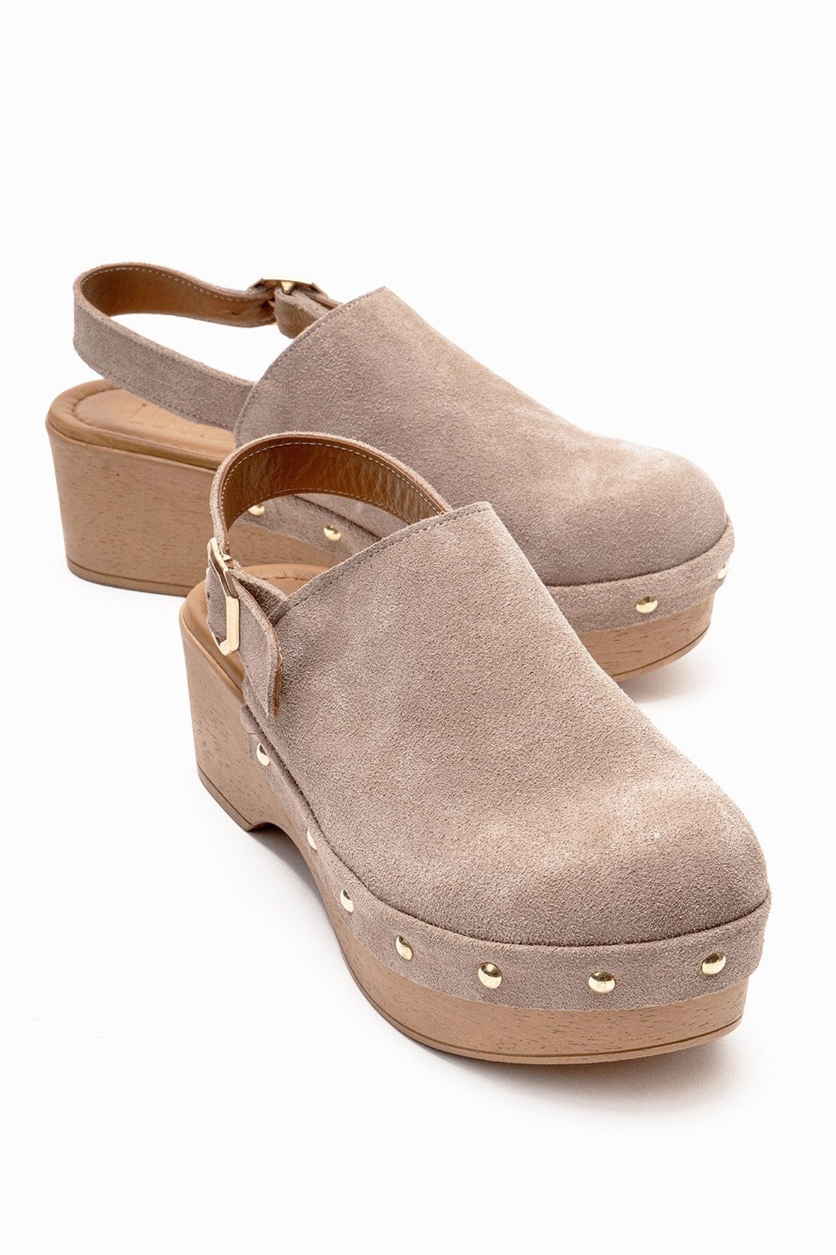 NORDEN - Beige Genuine Leather Platform Heel Sandal – front three-quarter view showing leather, suede, Vowalisse
