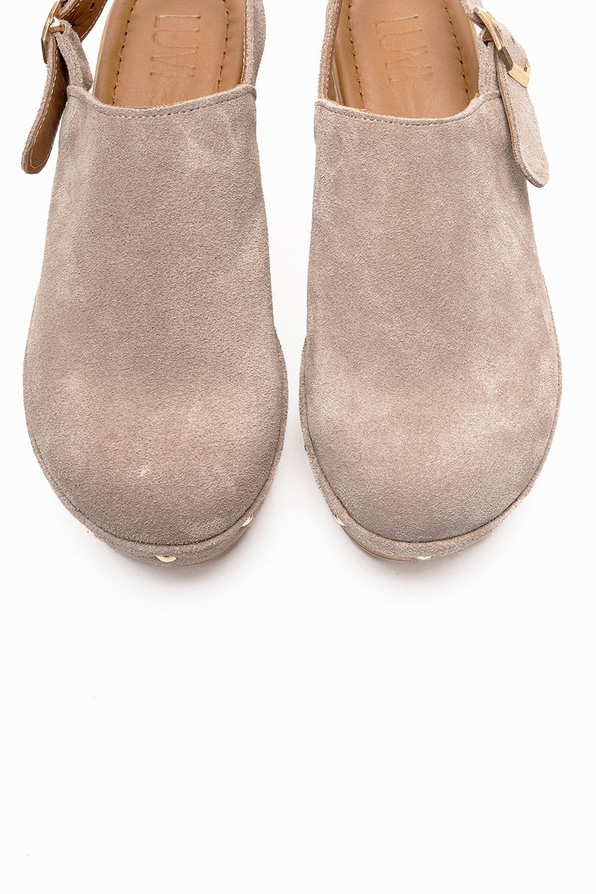 NORDEN - Beige Genuine Leather Platform Heel Sandal – side view showing leather, suede, Vowalisse