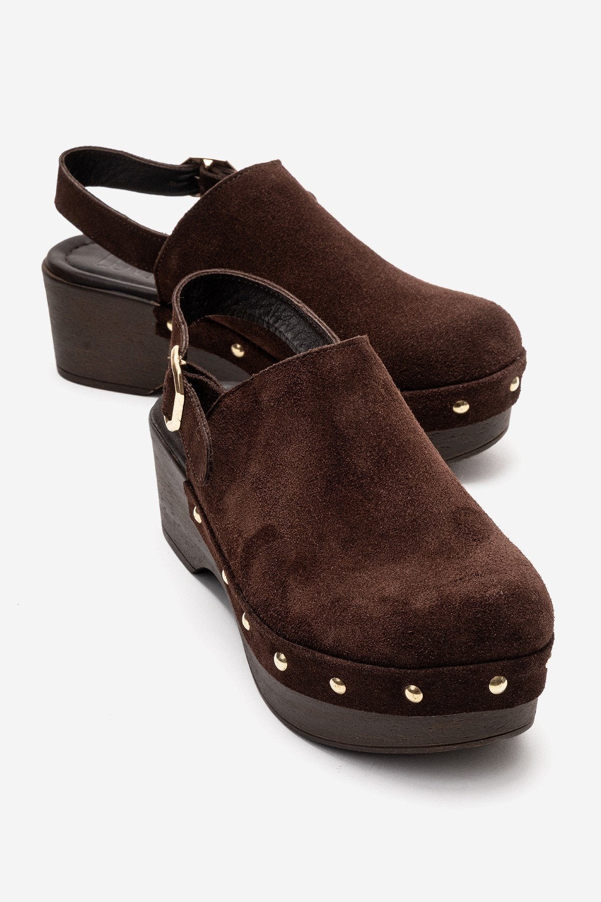 NORDEN - Brown Genuine Leather Platform Heel Sandal – front three-quarter view showing leather, suede, Vowalisse