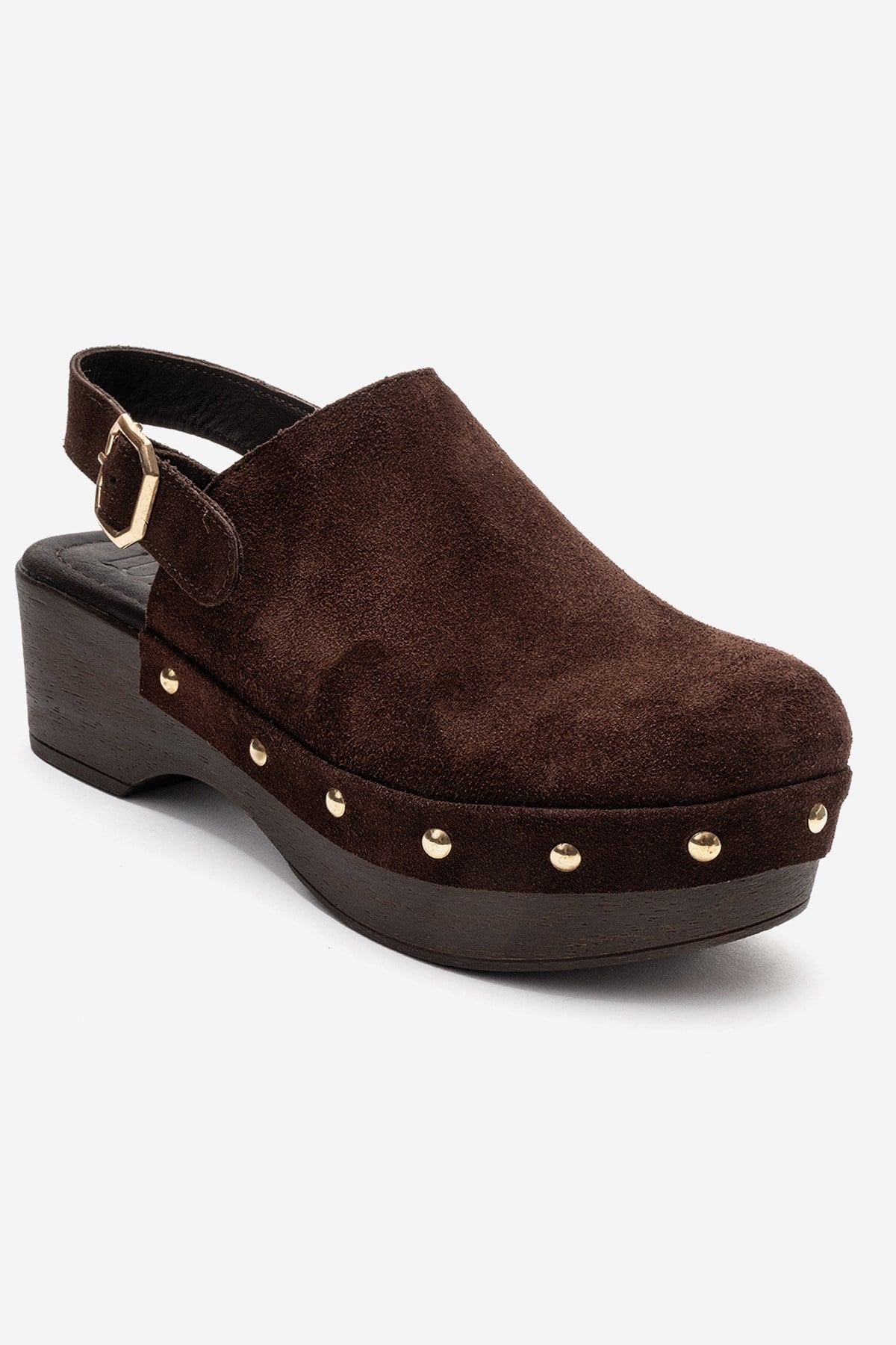 NORDEN - Brown Genuine Leather Platform Heel Sandal – detail view showing leather, suede, Vowalisse