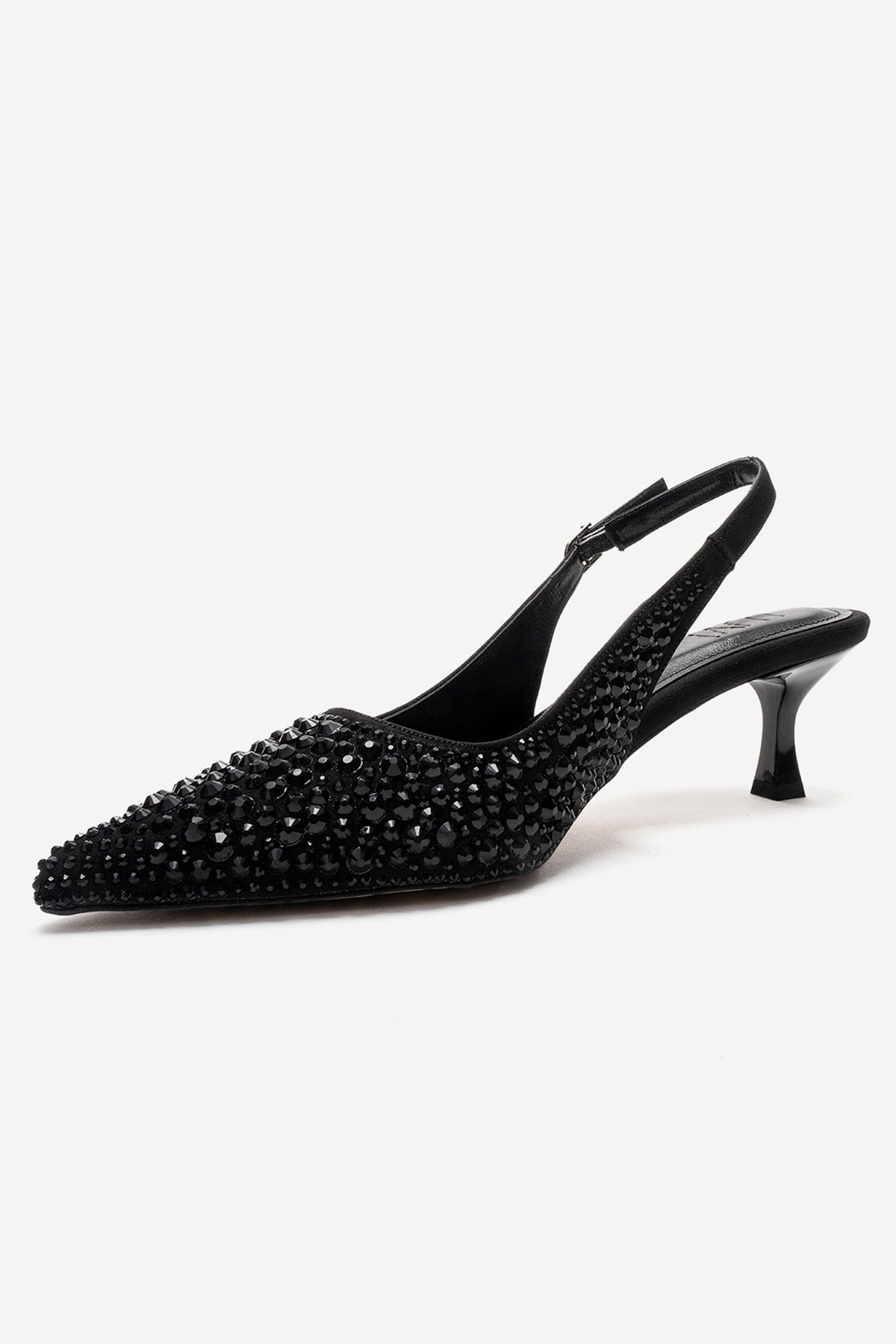 THEA - Black Jeweled Kitten Heel Pump – top view showing leather, black, Vowalisse