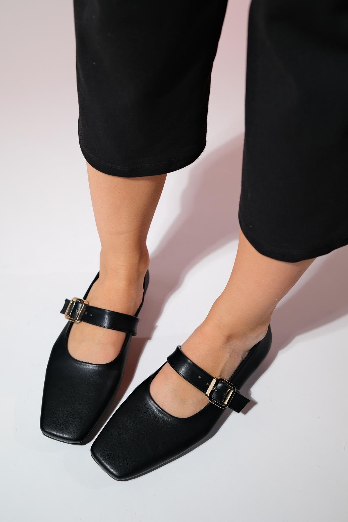 Bluff - Black Genuine Leather Square Toe Ballet Flat – front three-quarter view showing leather, black, Vowalisse