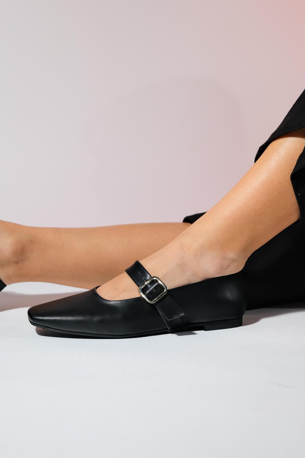 Bluff - Black Genuine Leather Square Toe Ballet Flat – detail view showing leather, black, Vowalisse