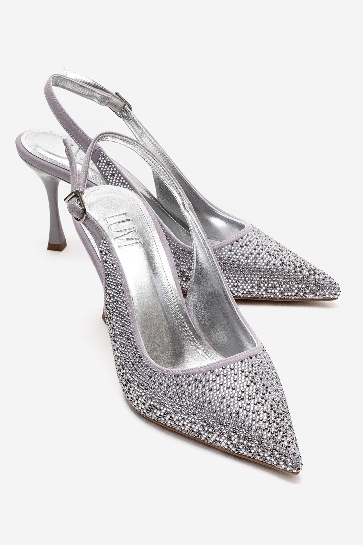 JOHANNA - Silver Jeweled Slingback Stiletto Pump – front three-quarter view showing leather, silver, Vowalisse