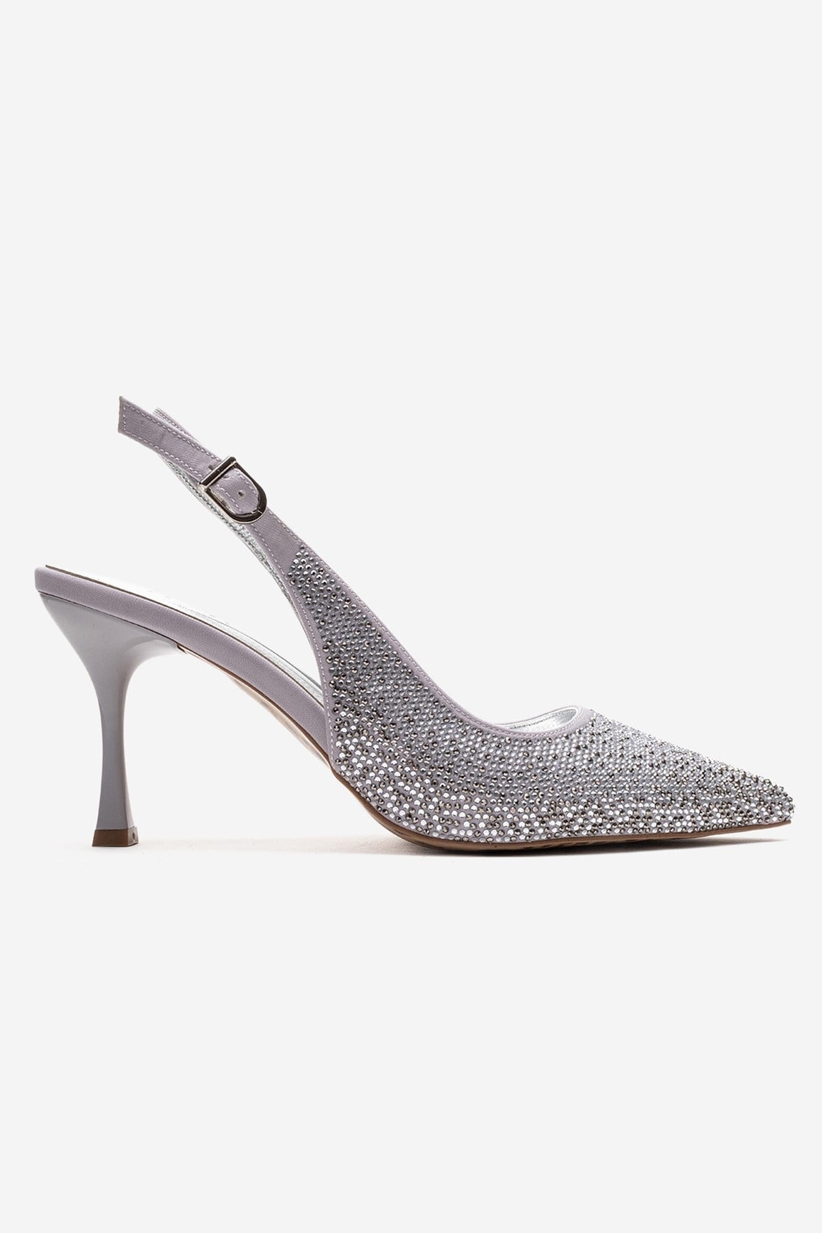 JOHANNA - Silver Jeweled Slingback Stiletto Pump – heel view showing leather, silver, Vowalisse