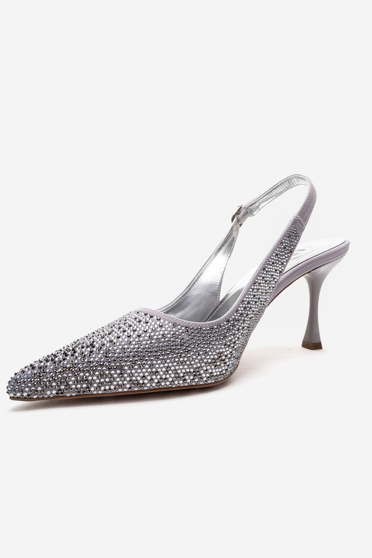 JOHANNA - Silver Jeweled Slingback Stiletto Pump – top view showing leather, silver, Vowalisse