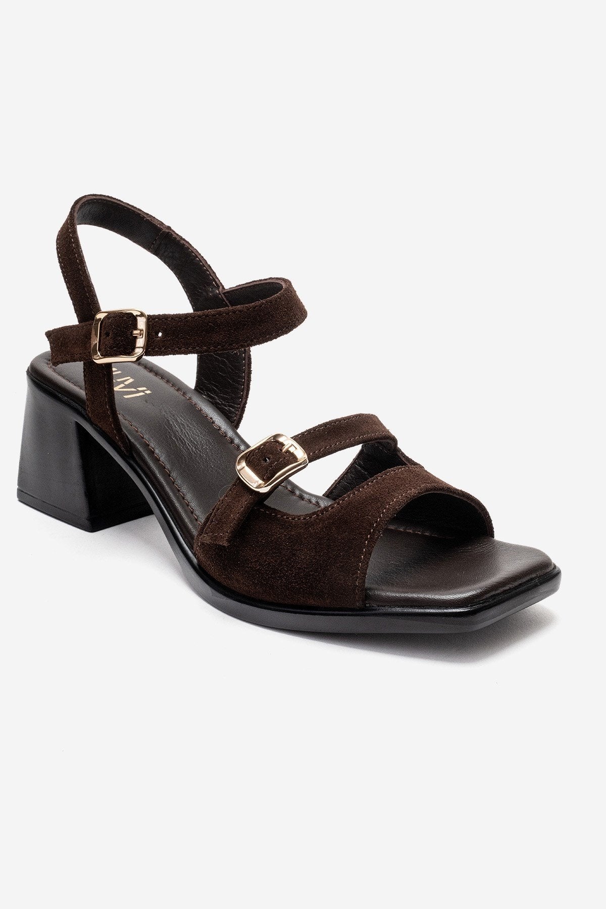 YOLEN - Brown Genuine Leather Block Heel Sandal – detail view showing leather, suede, Vowalisse