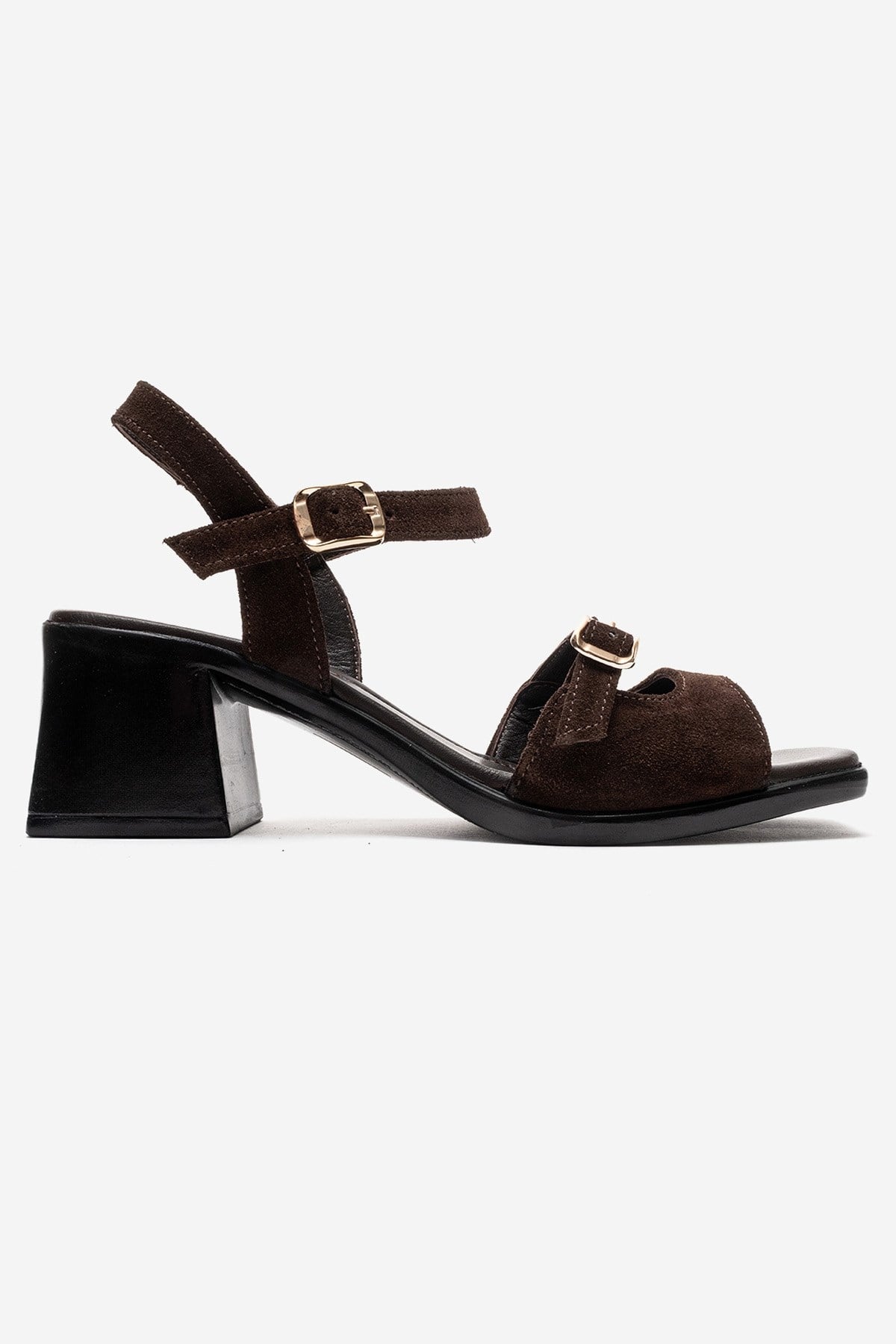 YOLEN - Brown Genuine Leather Block Heel Sandal – heel view showing leather, suede, Vowalisse