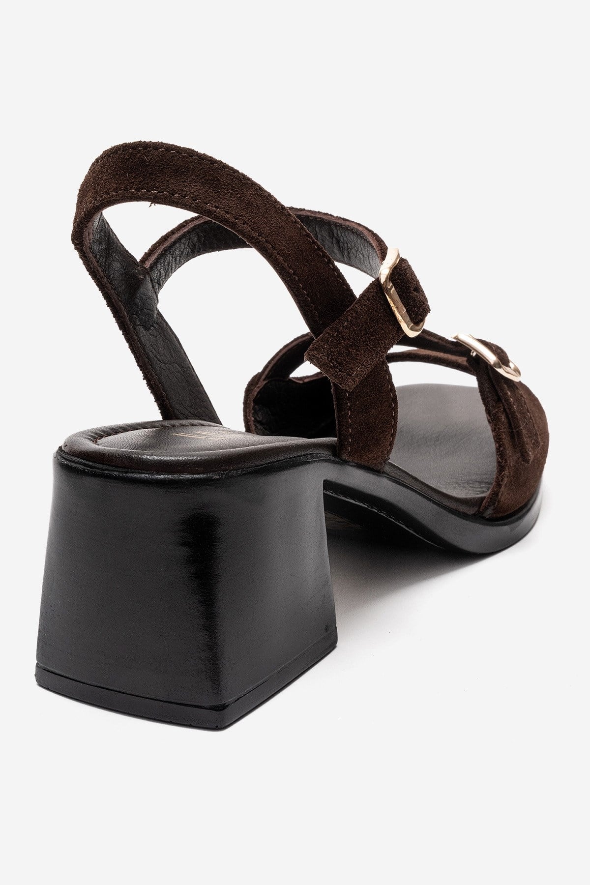 YOLEN - Brown Genuine Leather Block Heel Sandal – back view showing leather, suede, Vowalisse