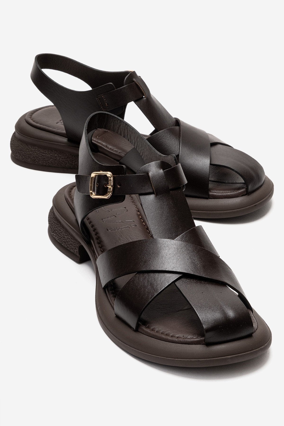 GUIDO - Brown Genuine Leather Sandal – front three-quarter view showing leather, Vowalisse