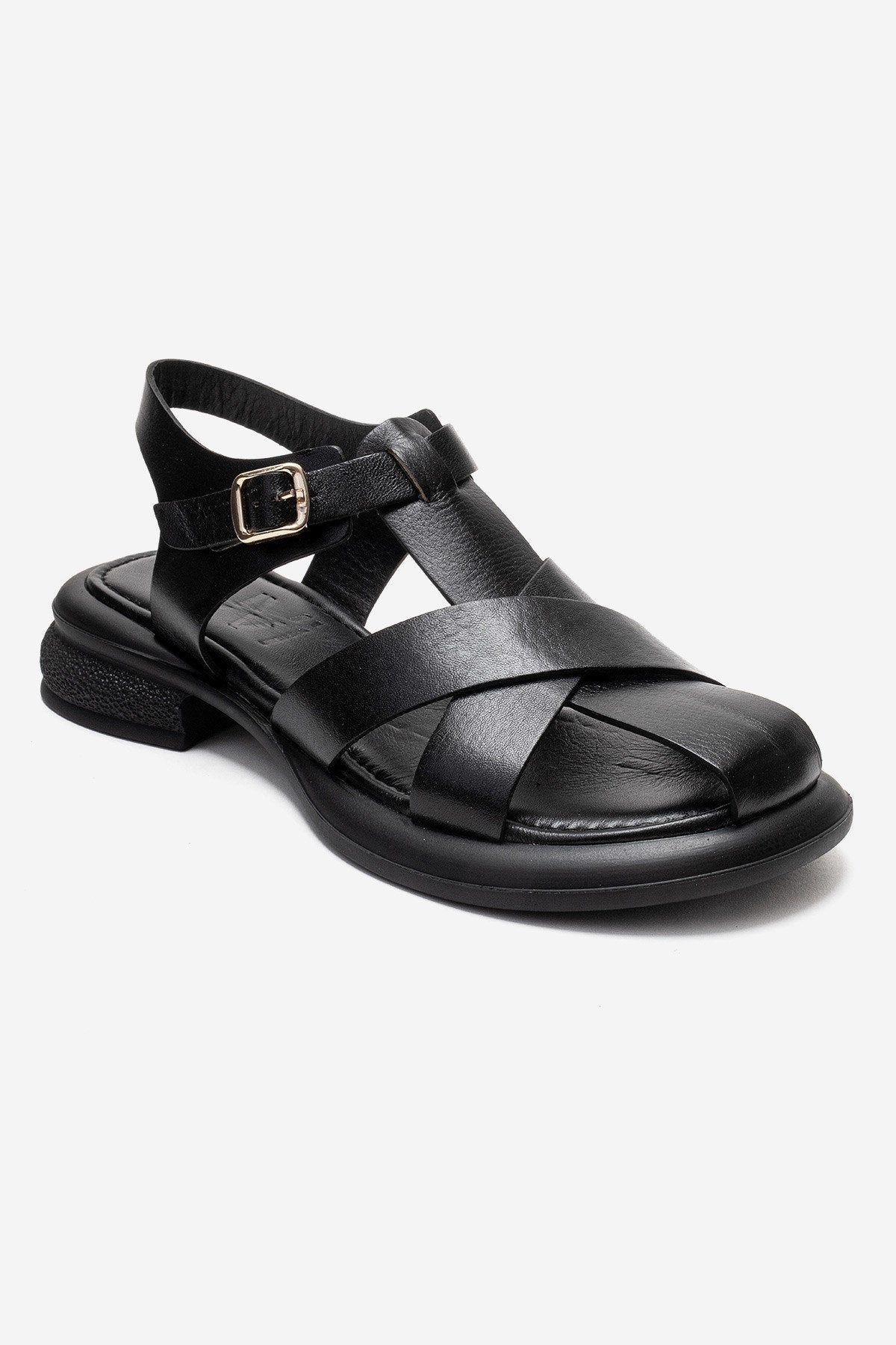 GUIDO - Black Genuine Leather Sandal – detail view showing leather, black, Vowalisse