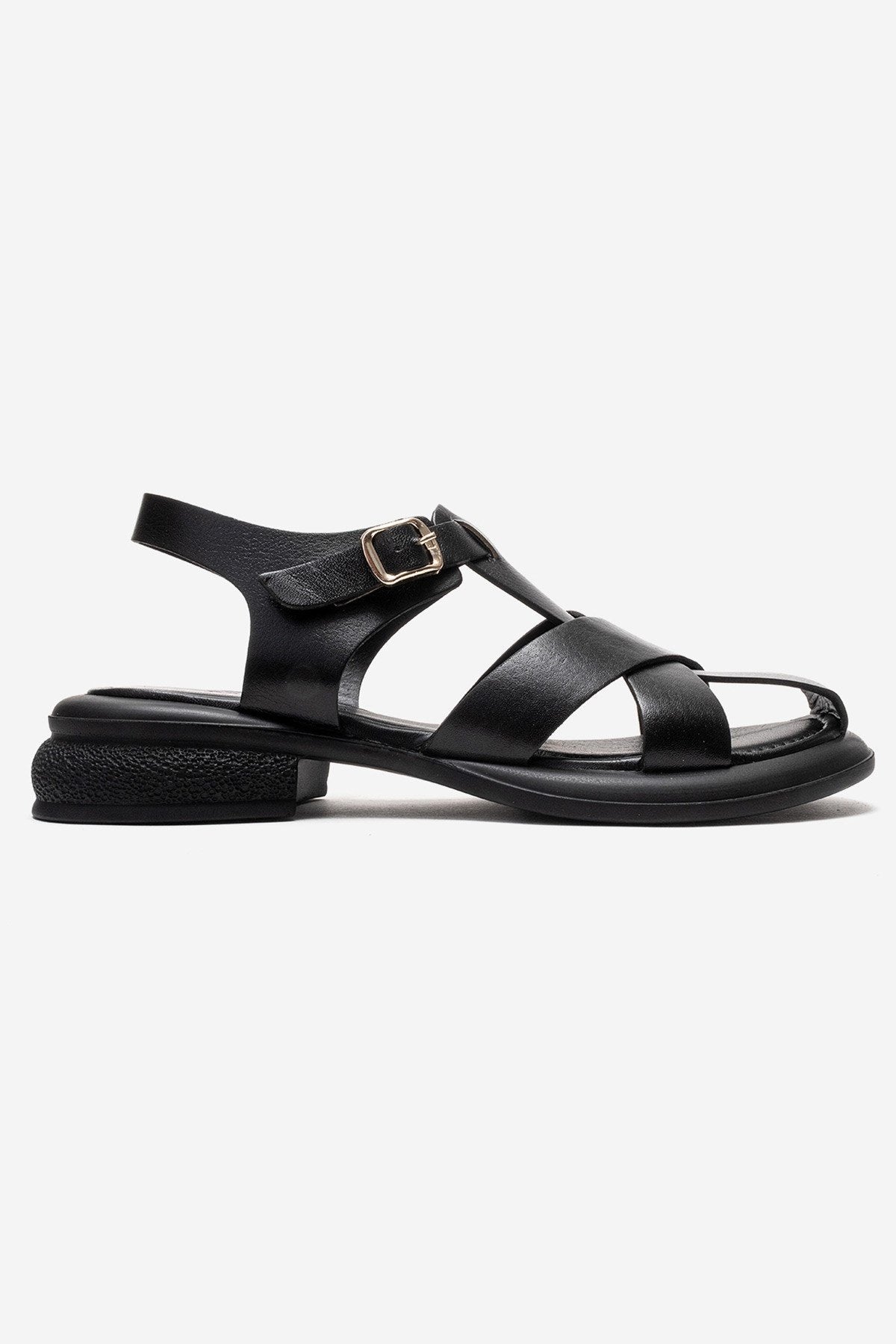 GUIDO - Black Genuine Leather Sandal – heel view showing leather, black, Vowalisse