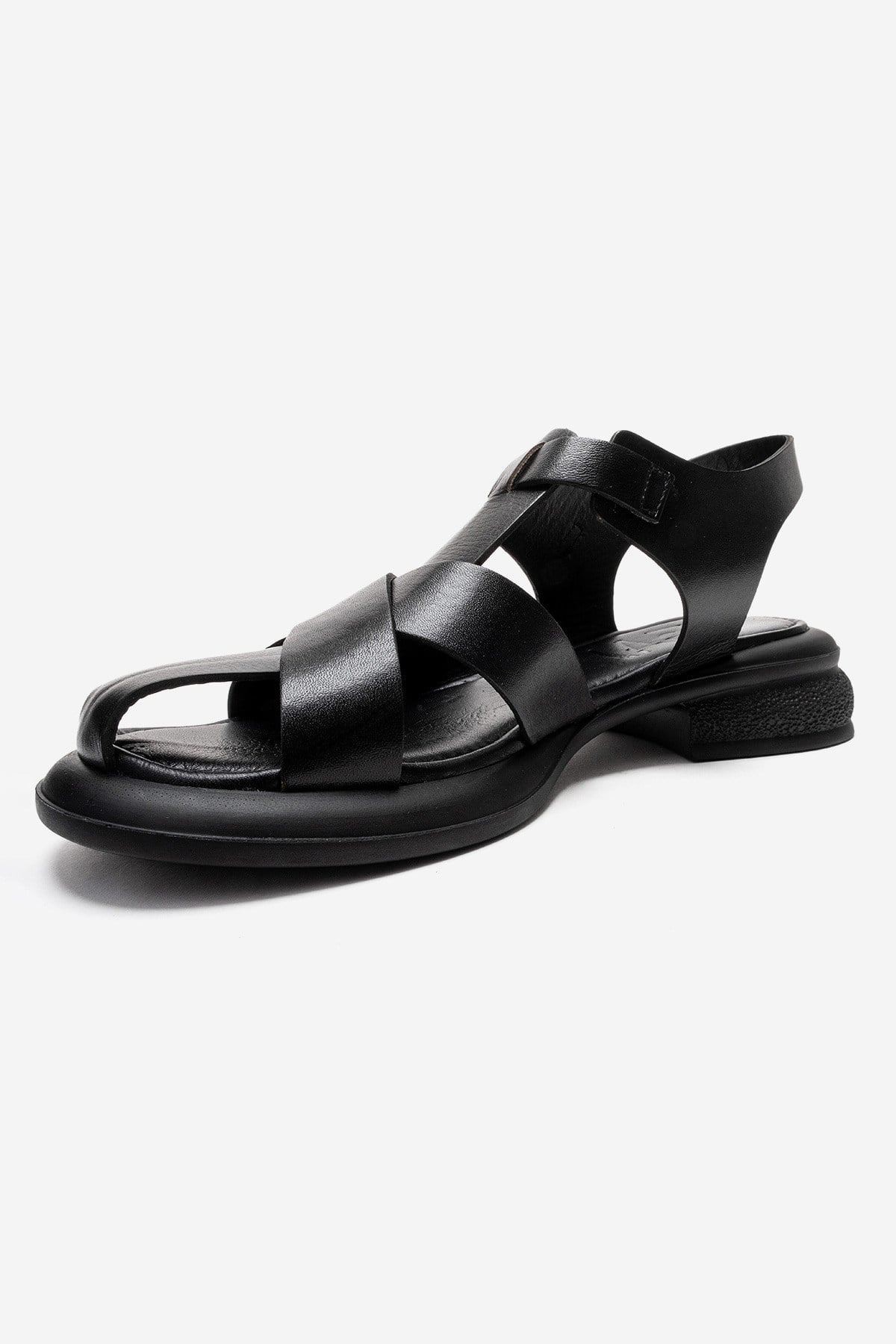 GUIDO - Black Genuine Leather Sandal – top view showing leather, black, Vowalisse